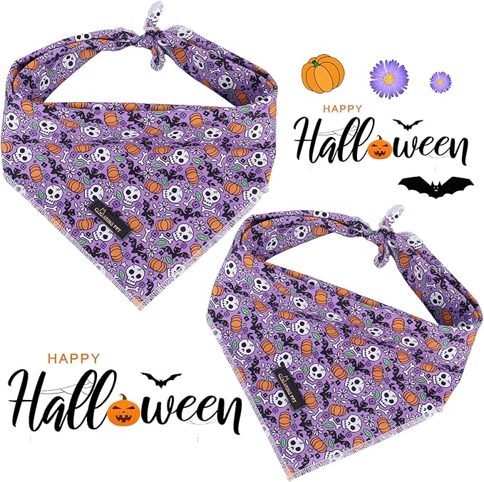 ARING PET Halloween Dog Bandanas, Cotton Purple Pumpkin Ghost Bat Floral Pet - Image 3