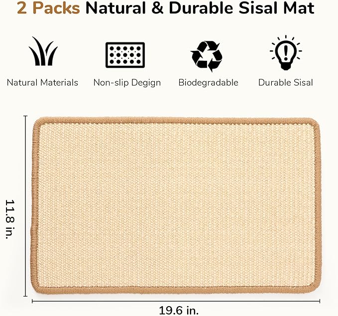 FUKUMARU 2 Packs Cat Scratching Mat, 19.6 x 11.8 Inch Natural Sisal Cat Scratch - Image 2