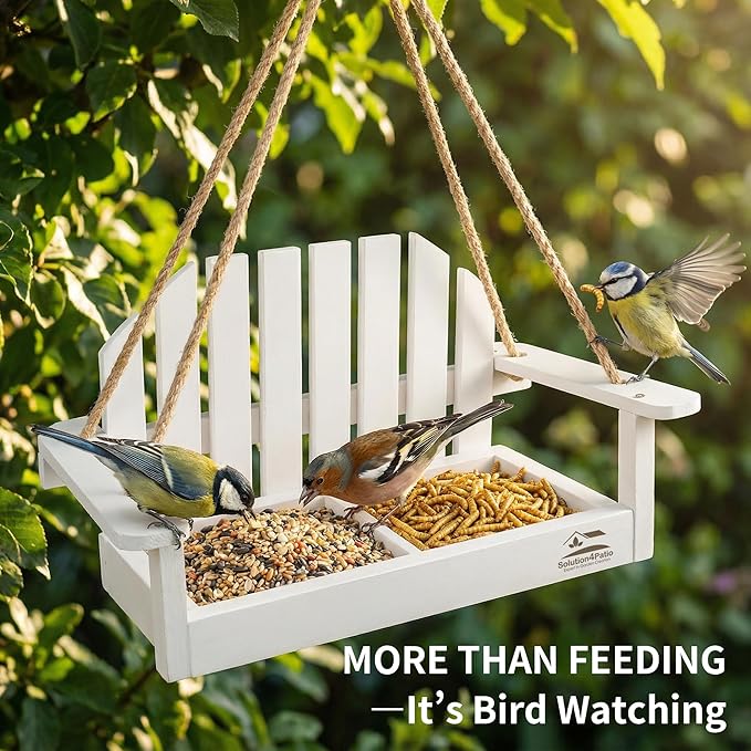 Solution4Patio White Swing Bird Feeder, Squirrel-Proof Metal Mesh Tray - Image 2