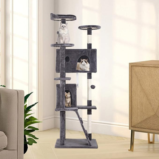 BestPet | 70" Cat Tree Tower | Light Gray | Sturdy, Hanging Cat Toys, - Image 2