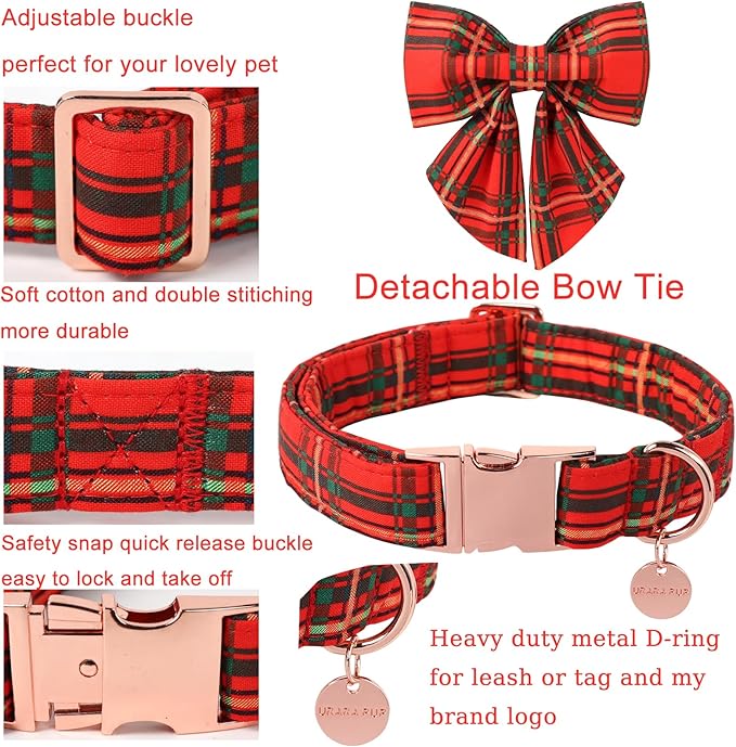 Christmas Dog Collar with Bow Tie, Cotton Christmas Plaid Collar - Image 2