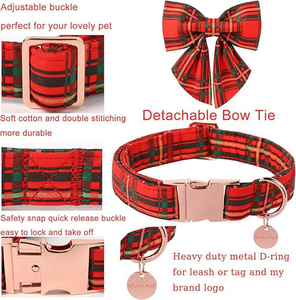 Christmas Dog Collar with Bow Tie, Cotton Christmas Plaid Collar - Image 2