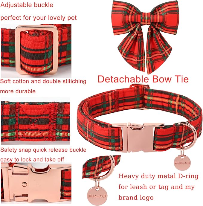 Christmas Dog Collar with Bow Tie, Cotton Christmas Plaid Collar - Image 2