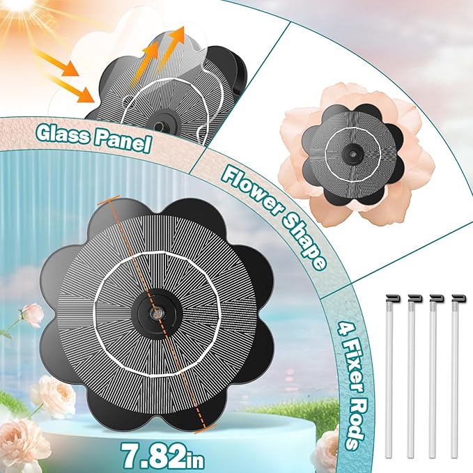Yzert Solar Fountain Flower Shape-No Battery, Glass 3.5W Solar Water Fountain - Image 6