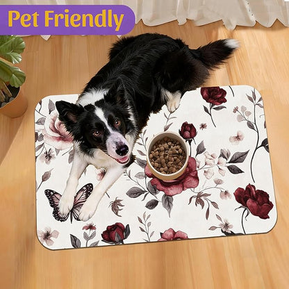Vintage Flower Butterfly Dog Cat Food Mat, Absorbent Feeding Placemat, - Image 7