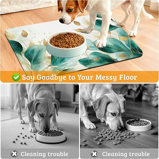 Green Plam Dog Cat Food Mat, Tropical Leaves Absorbent Waterproof Placemat - Image 4
