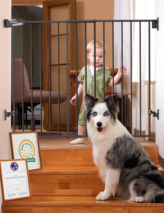 Babelio Baby Gate for Stairs, Kitchen & Doorways, No Bottom Bar| Easy by BABELIO