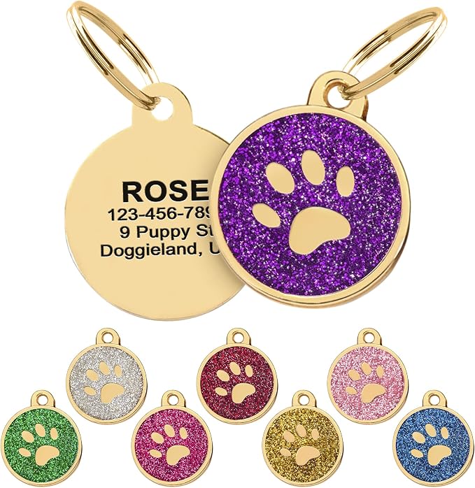Paw Shape Dog ID Tag Stainless Steel Custom Laser Engraved, Cute Bling Glitter by Pawnimals