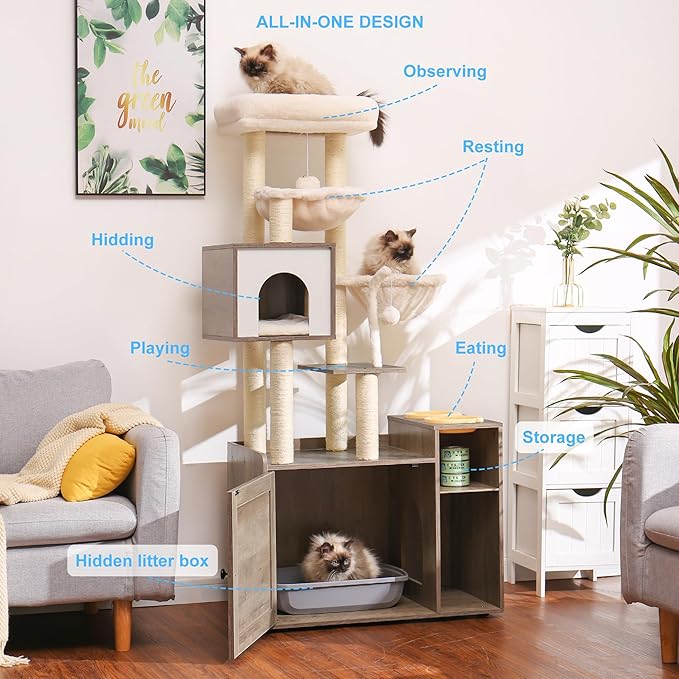 Hey-brother Cat Tree with Litter Box Enclosure, Modern Cat Tower - Image 2