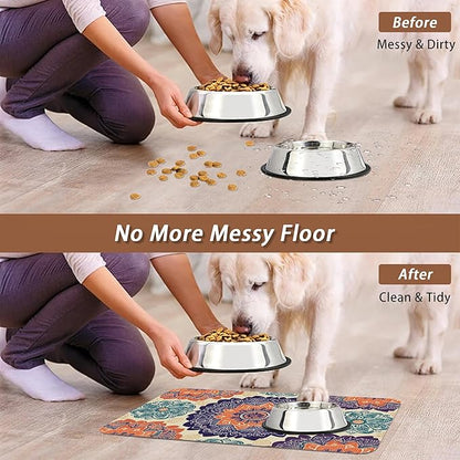Mandala Flower Dog Cat Food Mat, Vintage Boho Floral Absorbent Pet Feeding Mat - Image 5