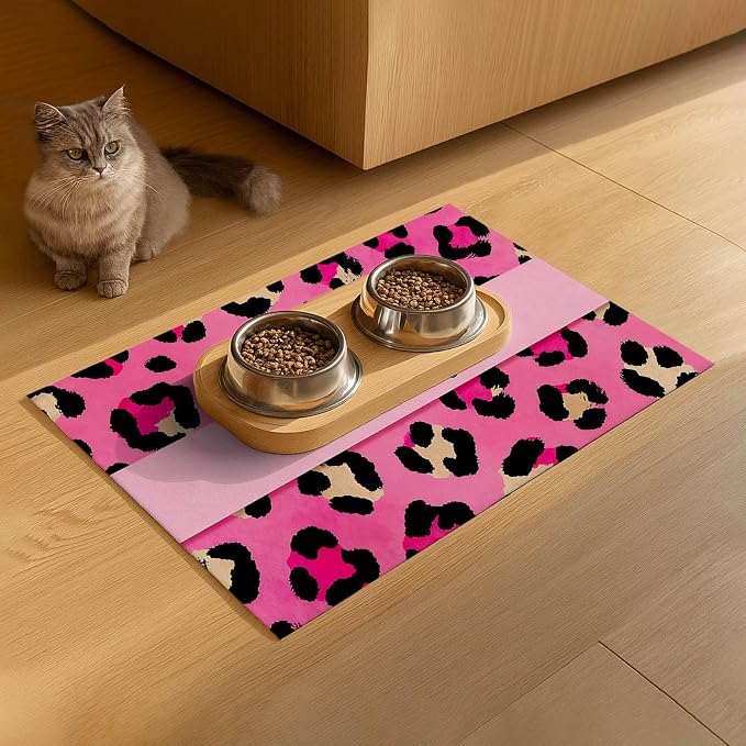Puppy Feeding Mat 24x16 inch Hot Pink Leopard Print Pet Bowl Placemat Non Slip - Image 9
