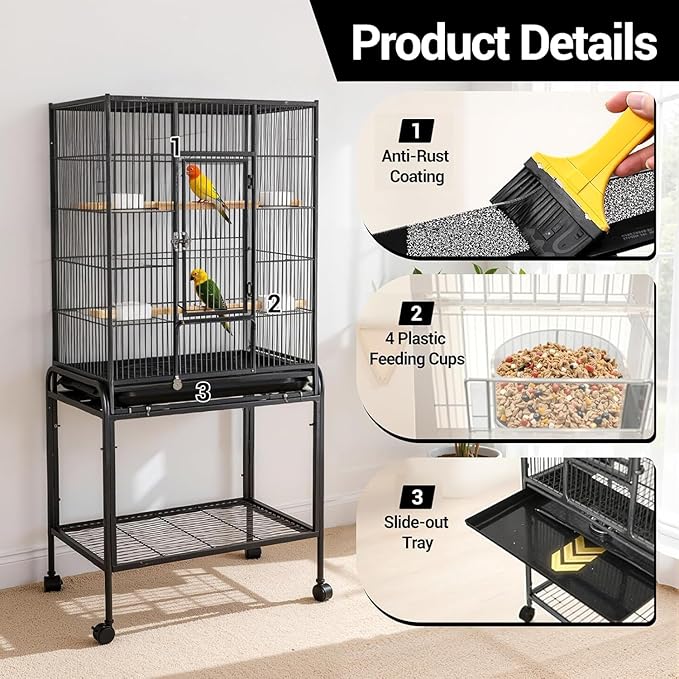 53 Inch Bird Cage with Wooden Perches, Standing Wrought Iron Birdcage with - Image 4