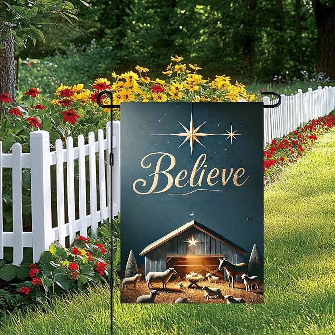 Christmas Nativity Garden Flag 12x18 Double Sided Believe Starry Night Stable - Image 2