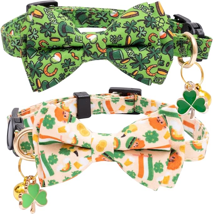 Faygarsle 2 Pack St Patrick's Day Cat Collar Cute Trefoil Gold Coin Printed by Faygarsle