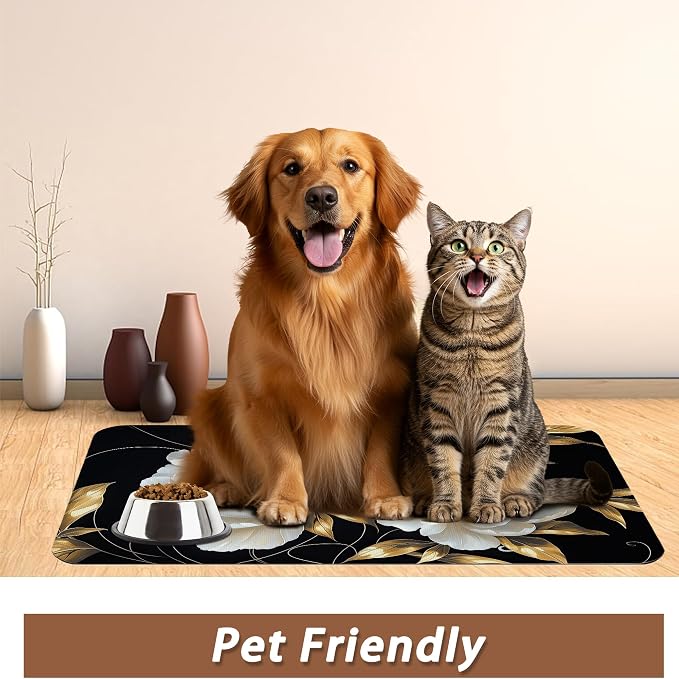 White Flowers Pet Feeding Mat, Glitter BloomingAbsorbent Quick-Dry Cat Dog Food - Image 6