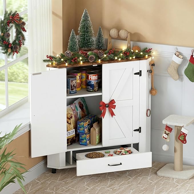 PakaLife Farmhouse Dog Food Storage Corner Cabinet, Dog Feeding Station by PakaLife