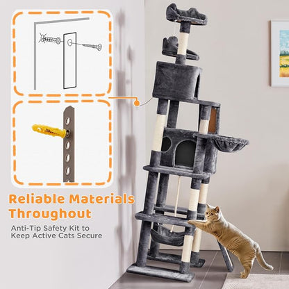 Yaheetech Cat Tree, 82.5in Large Tower w/Hammock, 2 Kitty-Ear Perches, 2 Cozy - Image 7