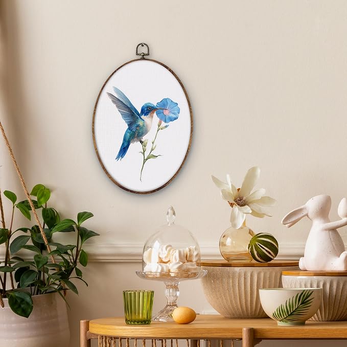 DILSJ Blue Hummingbird Floral Oval Wall Art Decor, Bird Hummingbird Canvas Wall - Image 3