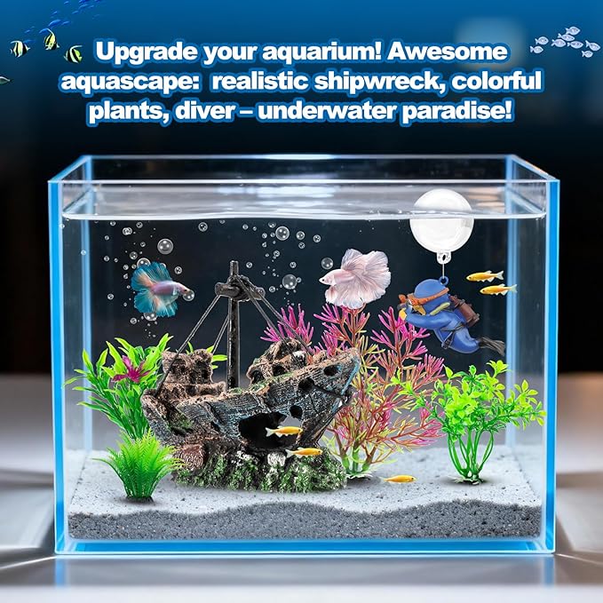 6 Pcs Aquarium Decor Set Shipwreck Decoration Little Diver Floating Fish Tank - Image 6