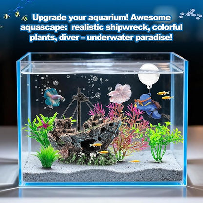 6 Pcs Aquarium Decor Set Shipwreck Decoration Little Diver Floating Fish Tank - Image 6