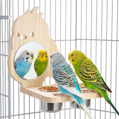 Feeder with Acrylic Mirror & Stainless Steel Bowls, Natural Wood Perch by SMICEM