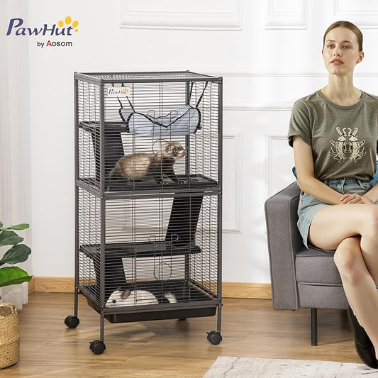 PawHut Metal Small Animal Cage, 4-Tiers Rolling Big Ferret Cage - Image 2
