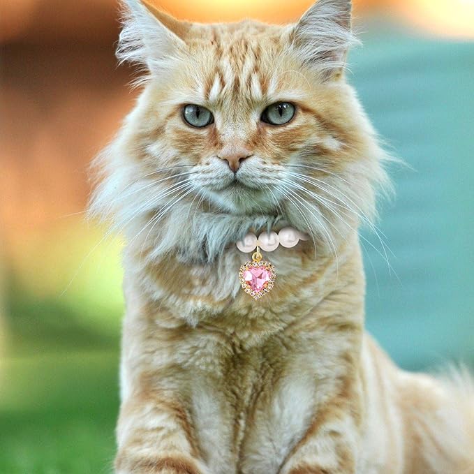 2pcs Cat Dog Pearl Collar, Small Heart Shape Rhinestone Pet Necklace, - Image 5