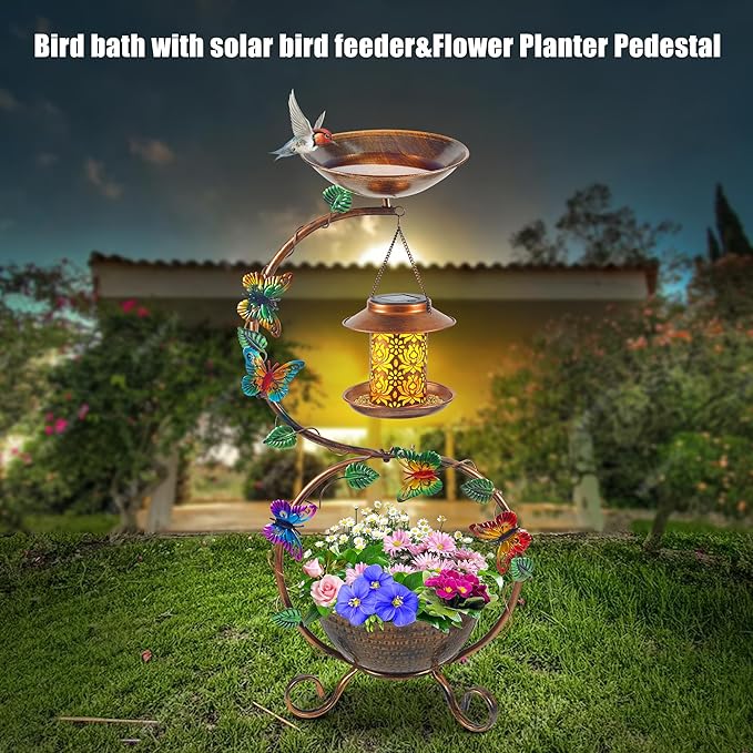 Metal Birdbath with Flower Planter Pedestal and Solar Bird Feeders Combo - Image 2