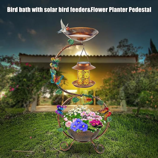 Metal Birdbath with Flower Planter Pedestal and Solar Bird Feeders Combo - Image 2