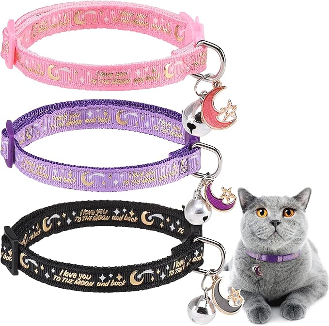 Cat Collar with Bells Breakaway, 3 Pack Moon and Star Cat Collar Reflective by DILLYBUD