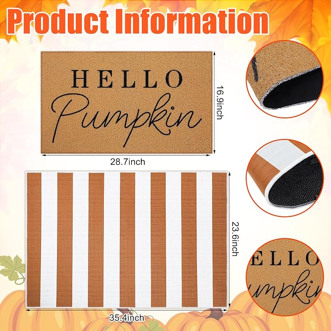 Tinideya 2 Pcs Fall Door Mat Thanksgiving Hello Pumpkin Welcome Non Slip Coir - Image 3