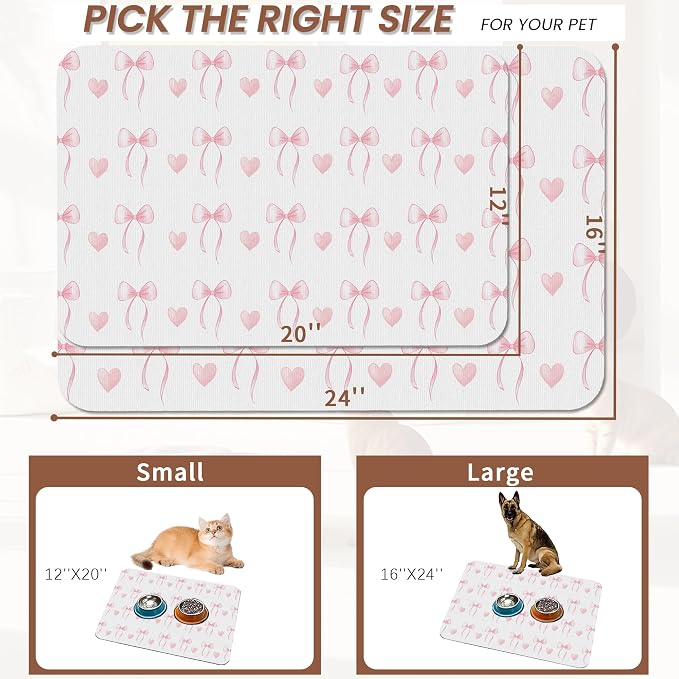 Cute Pink Bow Dog Food Mat for Floors, Heart Absorbent Pet Food and Water Bowl - Image 2