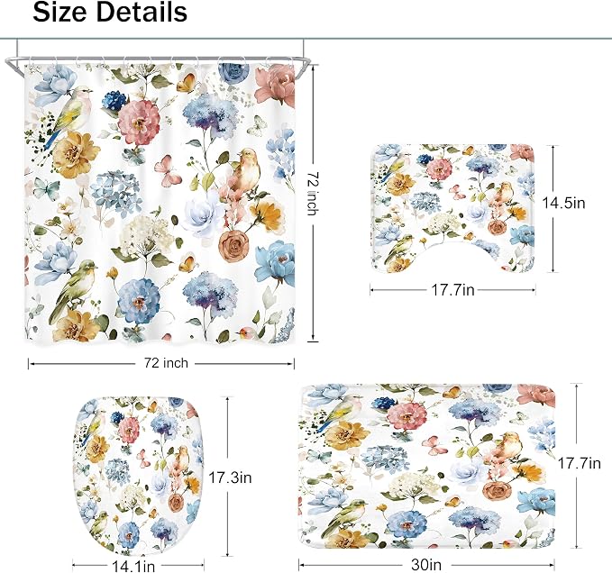 4 PCS Blue Floral Birds Bathroom Set - Image 5