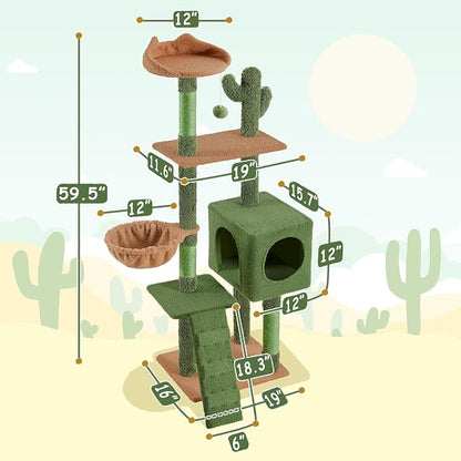 Yaheetech | Cactus Cat Tree | 59.5in Cat Tower w/Cute Perch, Cozy Condo - Image 4