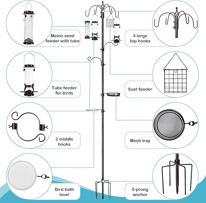 6-Hook Bird Feeding Station Kit, Wild Bird Feeder Stand Pole, Bird Bath and - Image 3