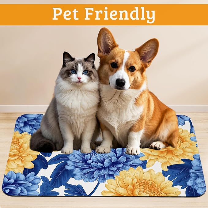 Blue Yellow Flowers Dog Food Mat, Absorbent Pet Feeding Mat - Image 2