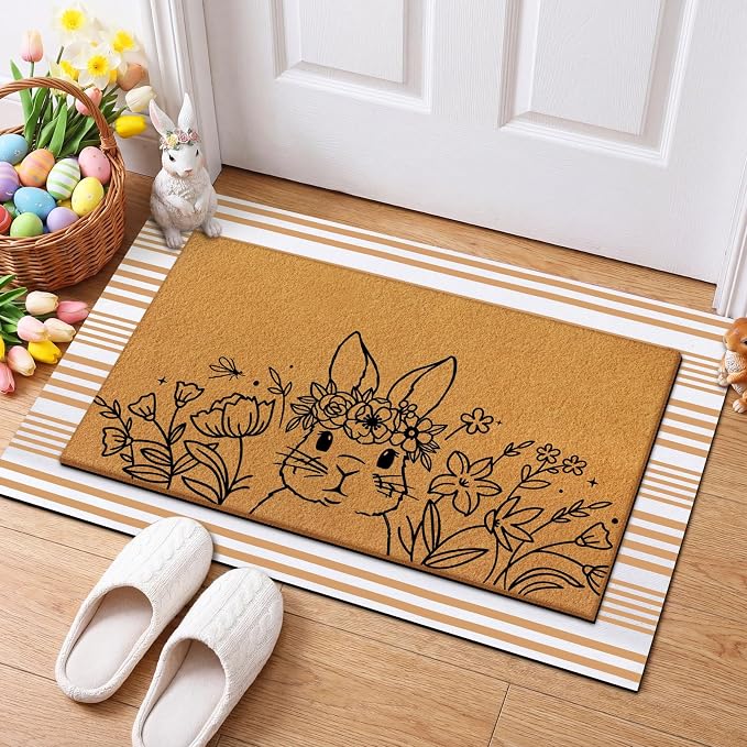 Tinideya 2 Pcs Easter Day Door Mat Welcome Outdoor Non Slip Coir Mats Flower - Image 3