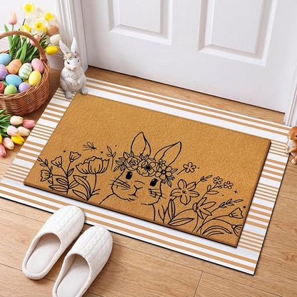 Tinideya 2 Pcs Easter Day Door Mat Welcome Outdoor Non Slip Coir Mats Flower - Image 3