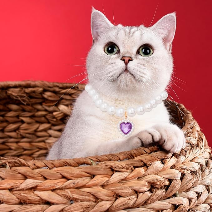 2pcs Cat Pearl Collar with Heart Pendant, Cute Pearl Pet Necklace in Small - Image 7