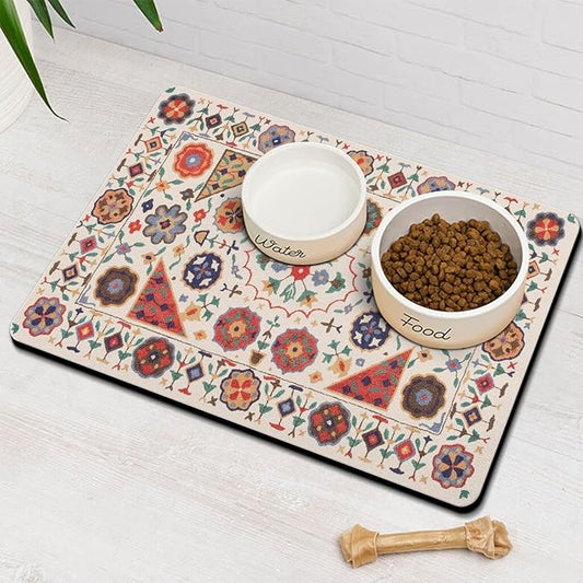 Moroccan Trellis Dog Food & Water Mat, Boho Colorful Vintage Pet Feeding Mat by Stunnoosy