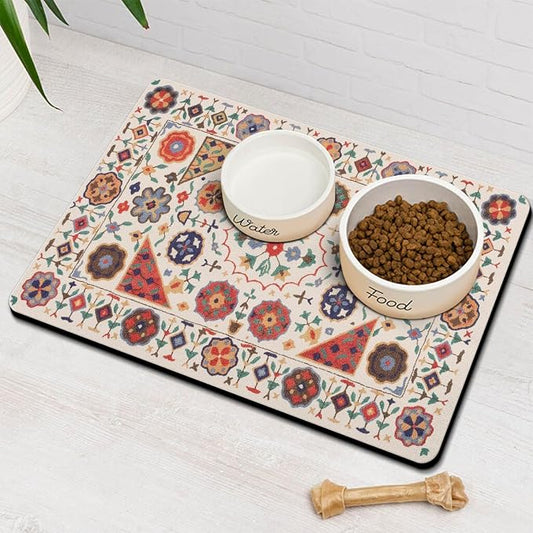 Moroccan Trellis Dog Food & Water Mat, Boho Colorful Vintage Pet Feeding Mat by Stunnoosy