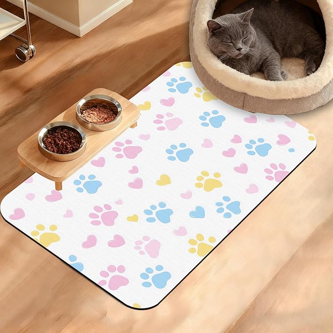 Dog Bowl Mat, Colorful Dog Paws Pet Feeding Mat by Unknown