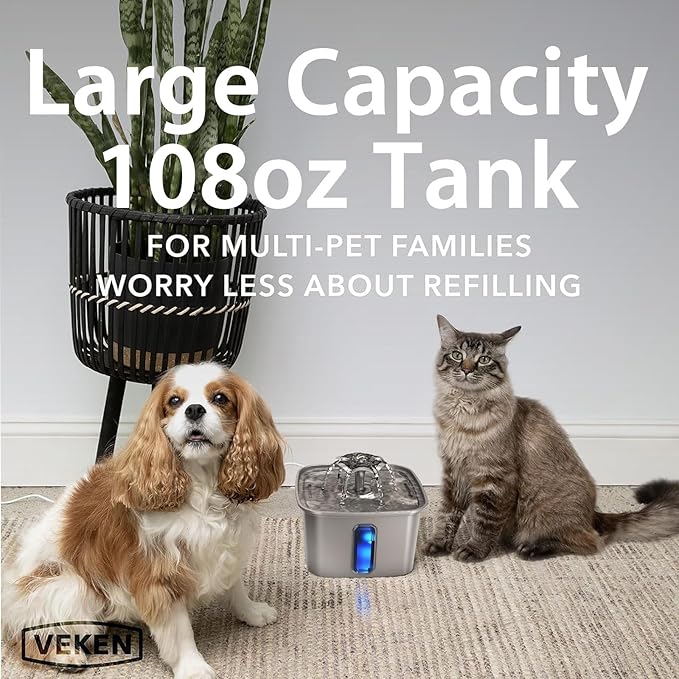 Veken Innovation Award Winner Stainless Steel Cat Water Fountain, 108oz/3.2L - Image 3