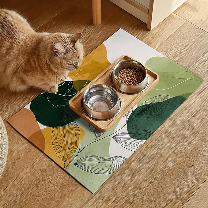 Modern Abstract Leaf Design Pet Feeding Mat 20" x 12" Pet Food Mat Non Slip Mat - Image 2
