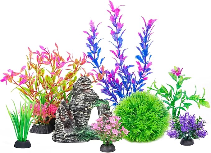 Ameliade Aquarium Artificial Plastic Plants Decorations and Rock Cave Decor Set by Ameliade