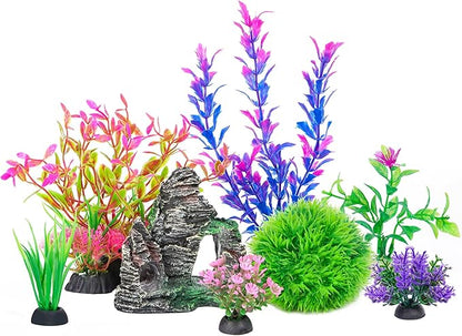 Ameliade Aquarium Artificial Plastic Plants Decorations and Rock Cave Decor Set by Ameliade