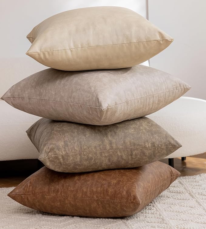 Pack of 4 Neutral Decorative Faux Leather Throw Pillow Covers 20x20 inch - Image 9