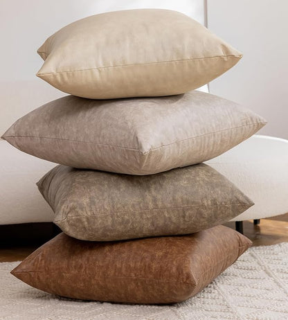 Pack of 4 Neutral Decorative Faux Leather Throw Pillow Covers 20x20 inch - Image 9