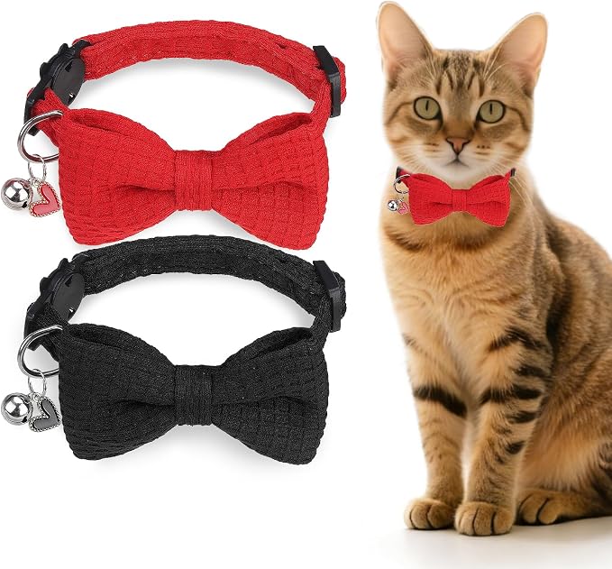Cat Collar Breakaway with Bells, Soft Cotton Red Cat Bowtie Collar by DILLYBUD