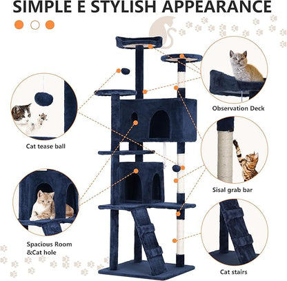 BestPet | 70" Cat Tree Tower | Navy Blue | Sturdy, Hanging Cat Toys, - Image 6